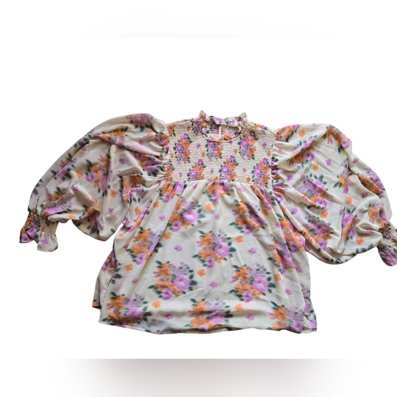 Entro Floral Blouse - Pink, Orange, and Cream Balloon Sleeve Mock Neck - Medium - Picture 10 of 10